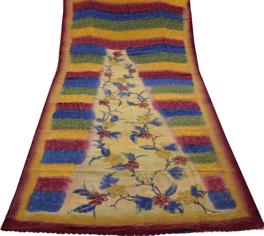 Sushila Vintage Multi-Color Saree Pure Crepe Silk Printed Floral Sari Fabric