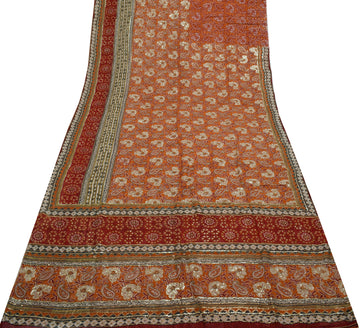 Sushila Vintage Rust Saree Pure Georgette Silk Hand Beaded & Printed Sari Fabric