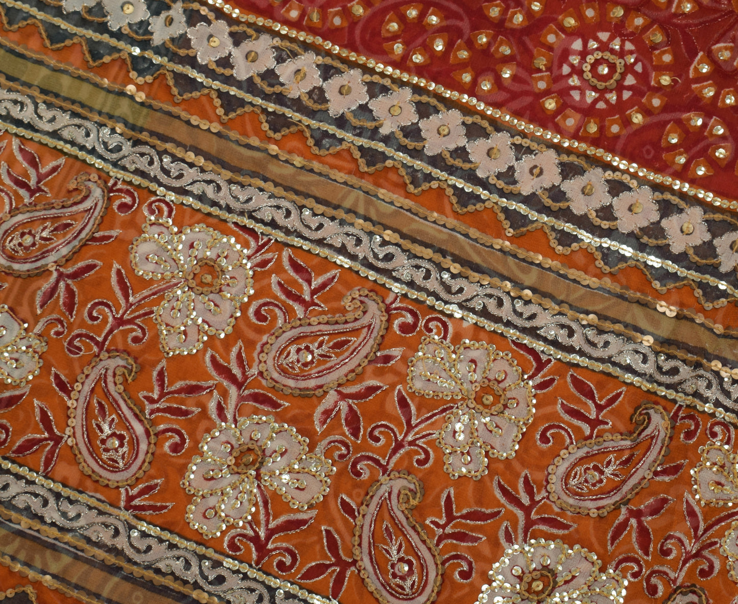 Sushila Vintage Rust Saree Pure Georgette Silk Hand Beaded & Printed Sari Fabric