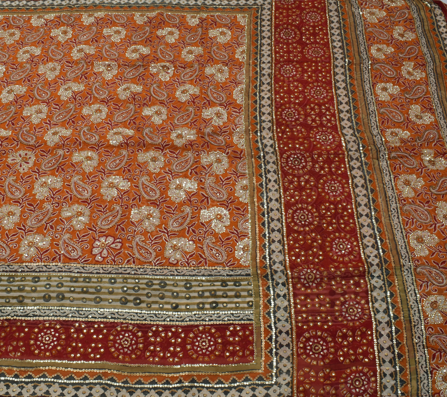 Sushila Vintage Rust Saree Pure Georgette Silk Hand Beaded & Printed Sari Fabric