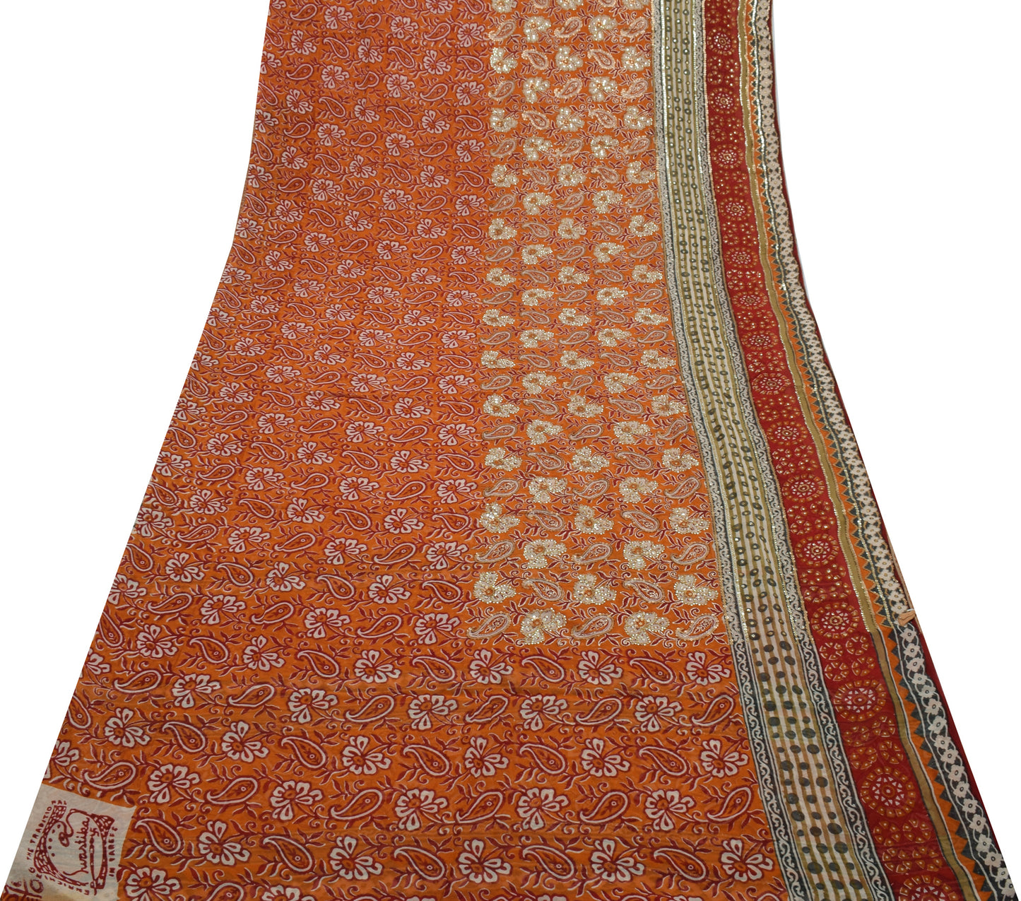Sushila Vintage Rust Saree Pure Georgette Silk Hand Beaded & Printed Sari Fabric