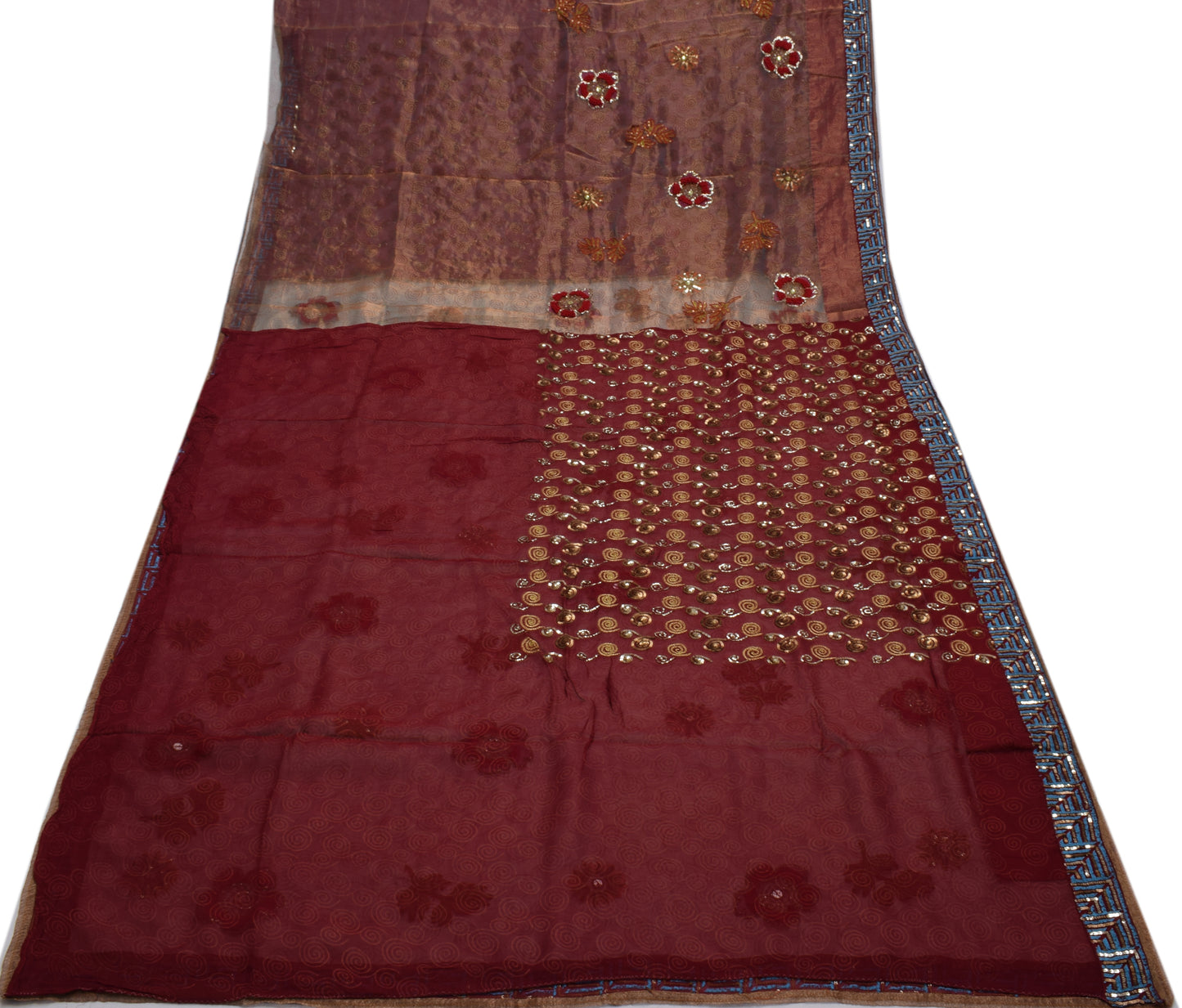 Sushila Vintage Indian Saree Pure Tissue Silk Hand Beaded Floral Sari Fabric