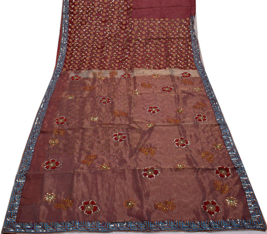 Sushila Vintage Indian Saree Pure Tissue Silk Hand Beaded Floral Sari Fabric