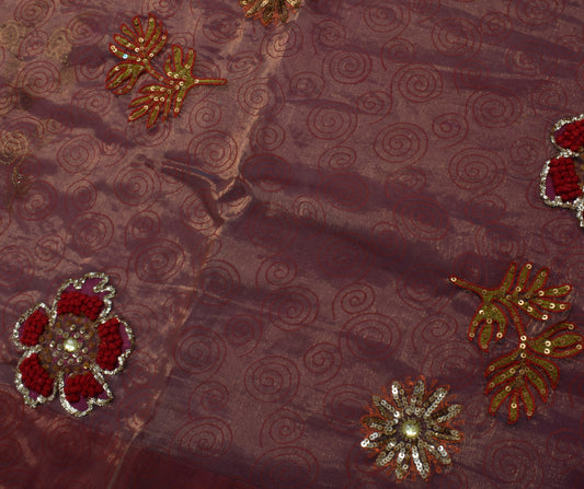 Sushila Vintage Indian Saree Pure Tissue Silk Hand Beaded Floral Sari Fabric