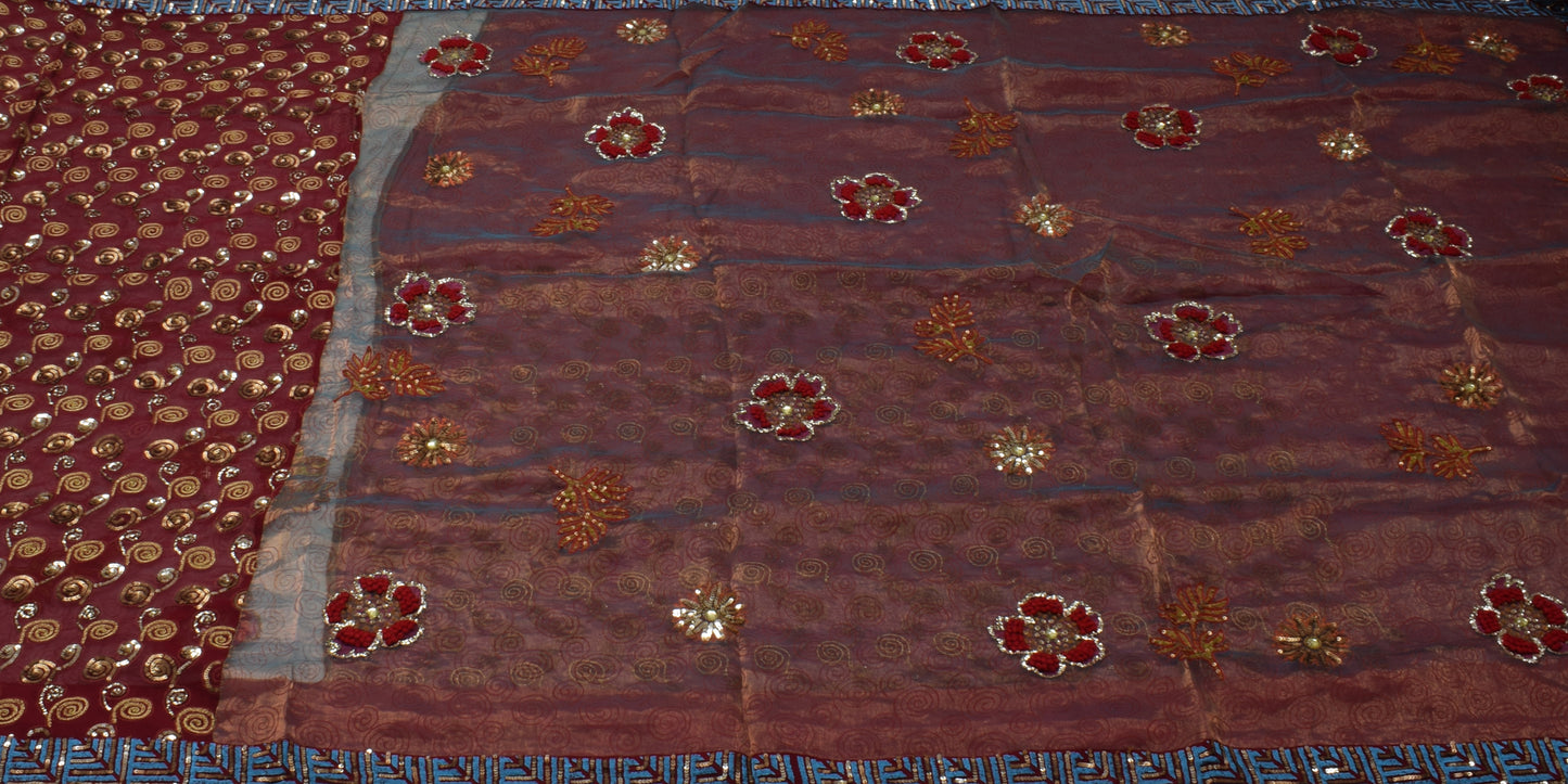 Sushila Vintage Indian Saree Pure Tissue Silk Hand Beaded Floral Sari Fabric