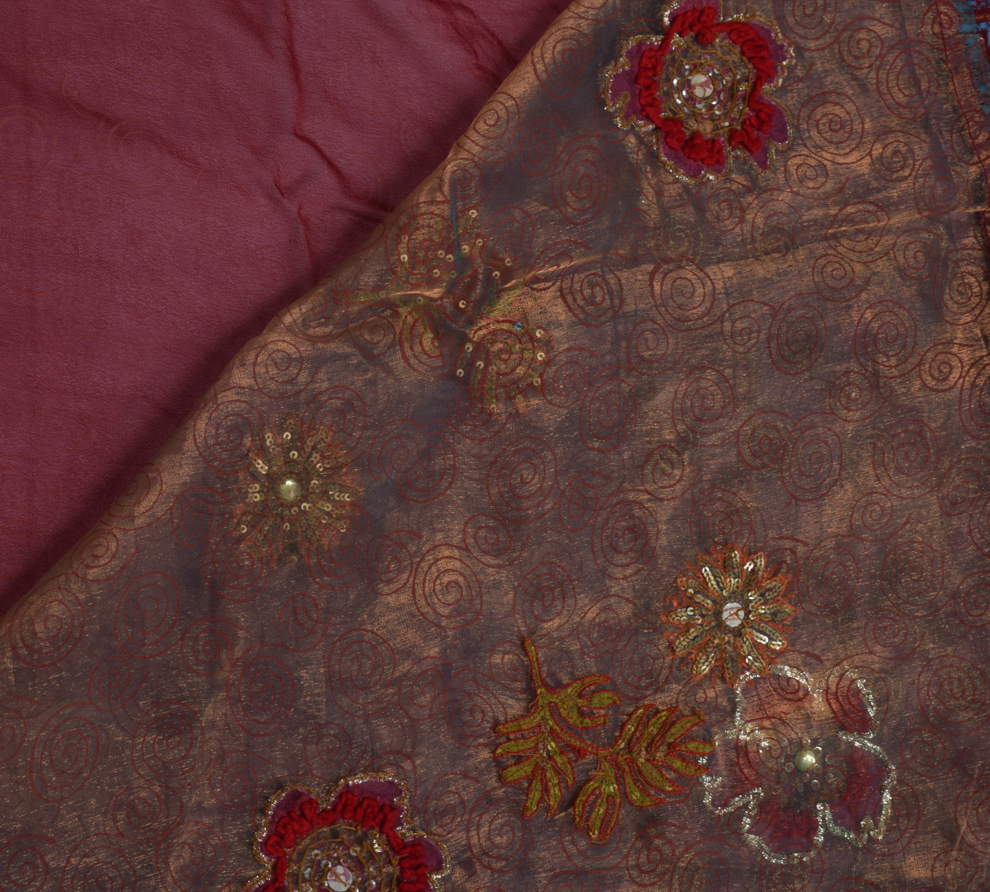 Sushila Vintage Indian Saree Pure Tissue Silk Hand Beaded Floral Sari Fabric