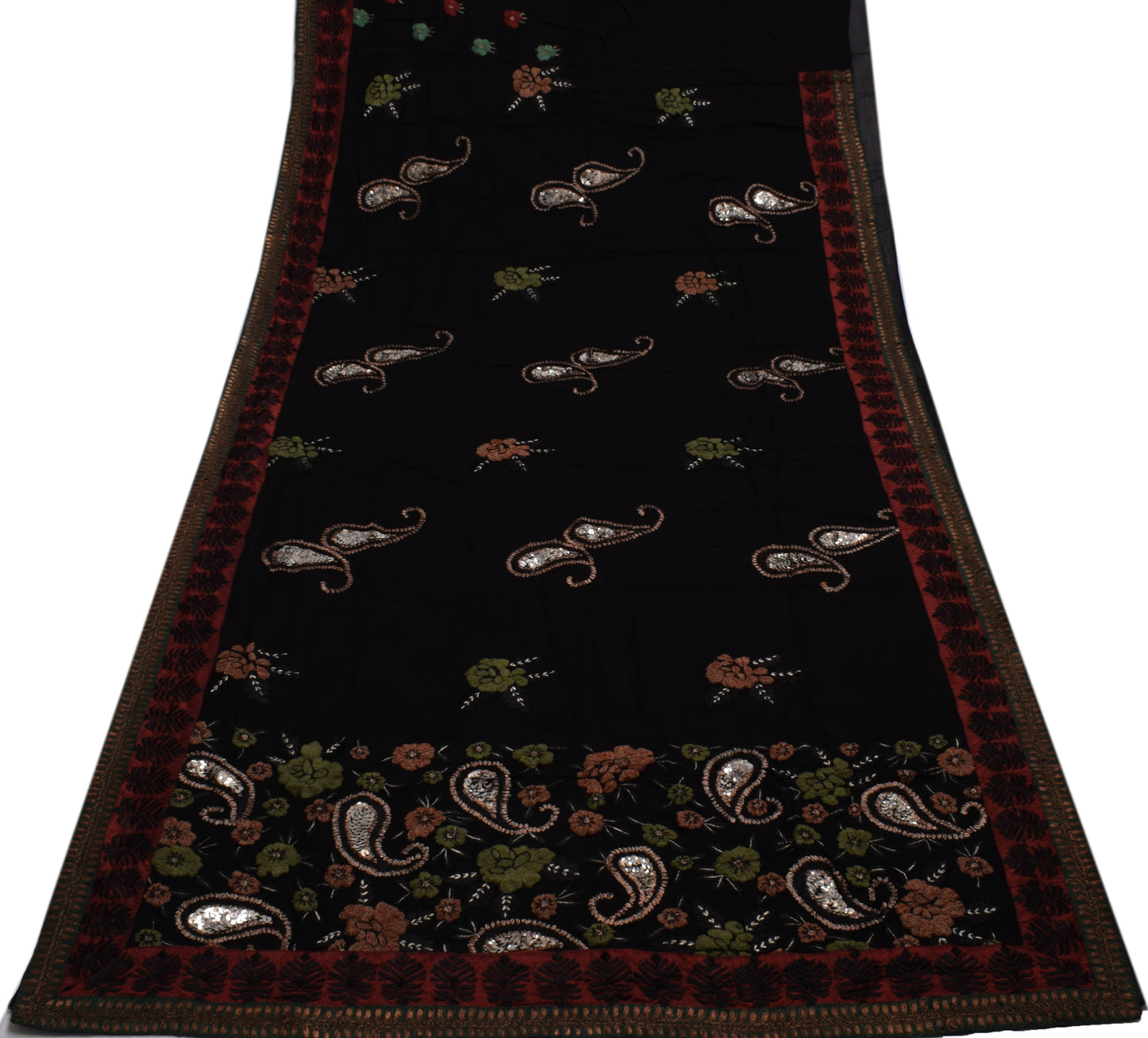 Sushila Vintage Black Saree Pure Georgette Silk Embroidered Floral Sari Fabric