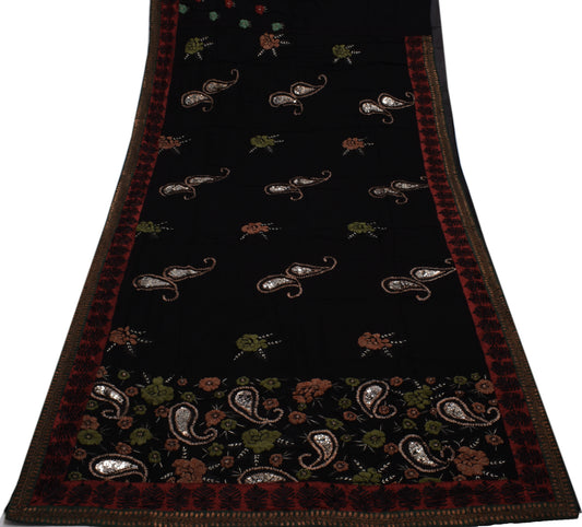 Sushila Vintage Black Saree Pure Georgette Silk Embroidered Floral Sari Fabric