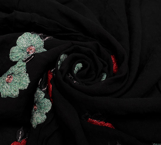 Sushila Vintage Black Saree Pure Georgette Silk Embroidered Floral Sari Fabric