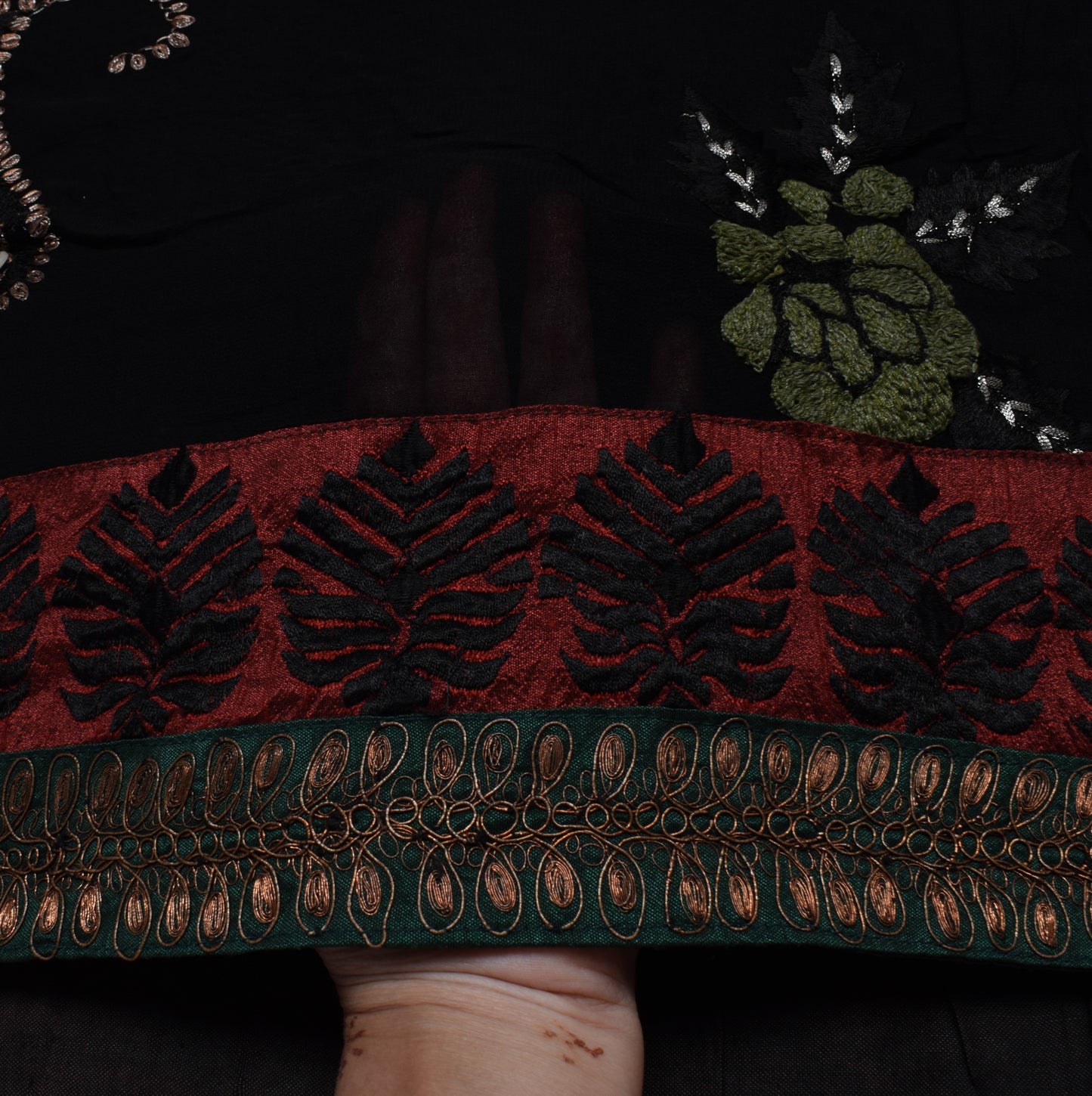 Sushila Vintage Black Saree Pure Georgette Silk Embroidered Floral Sari Fabric