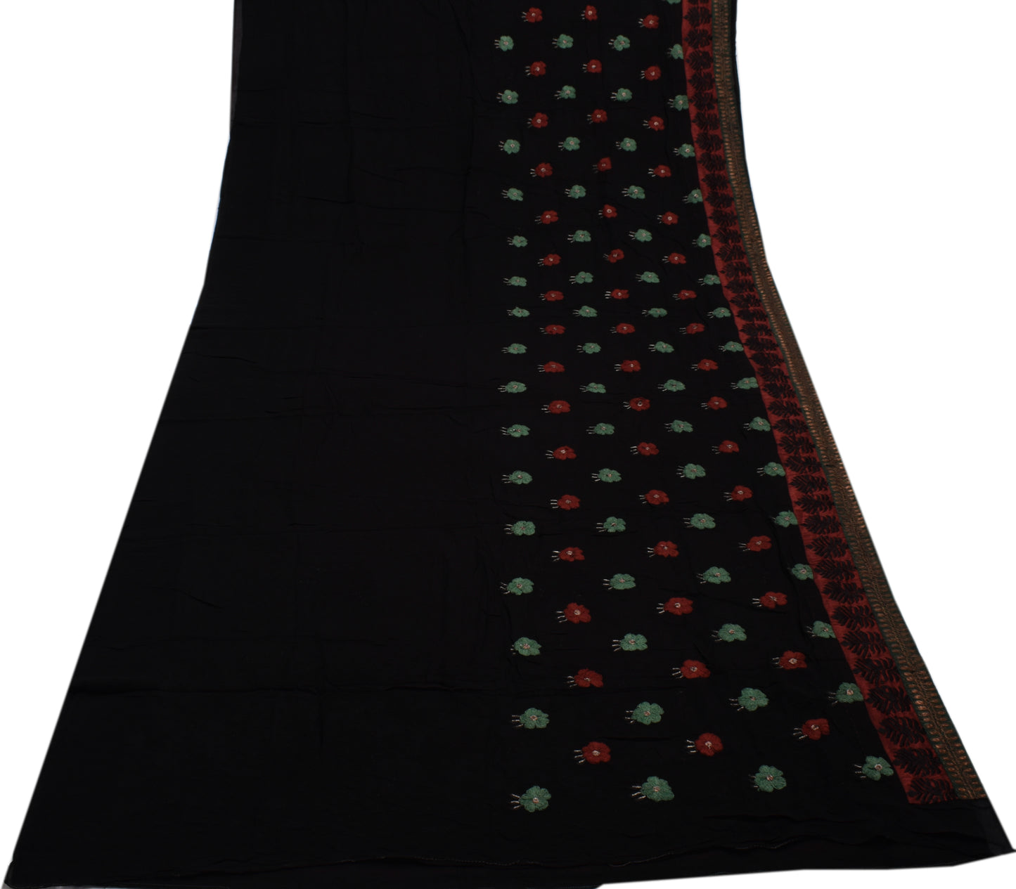 Sushila Vintage Black Saree Pure Georgette Silk Embroidered Floral Sari Fabric