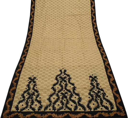 Sushila Vintage Light Brown Saree 100% Pure Silk Woven Paisley Sari Craft Fabric