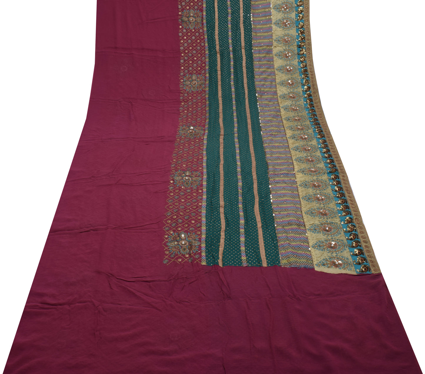 Sushila Vintage HEAVY Indian Saree Pure Georgette Silk Hand Beaded Sari Fabric