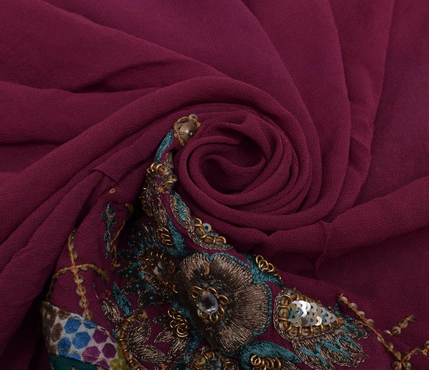 Sushila Vintage HEAVY Indian Saree Pure Georgette Silk Hand Beaded Sari Fabric