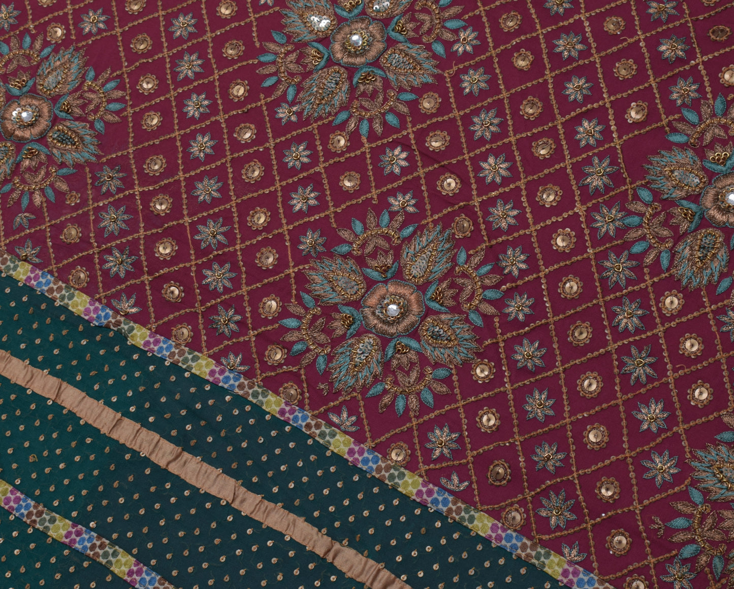 Sushila Vintage HEAVY Indian Saree Pure Georgette Silk Hand Beaded Sari Fabric