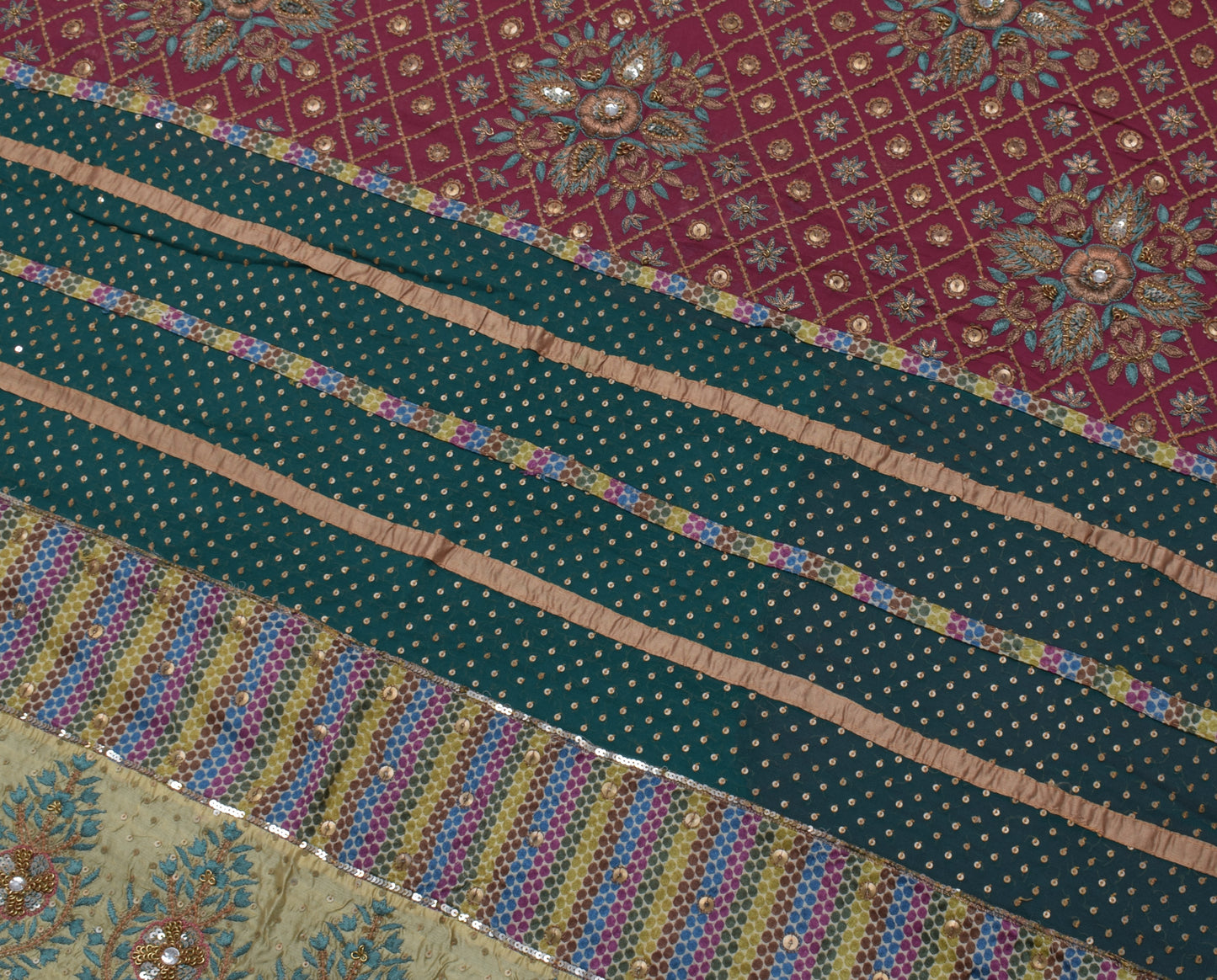 Sushila Vintage HEAVY Indian Saree Pure Georgette Silk Hand Beaded Sari Fabric