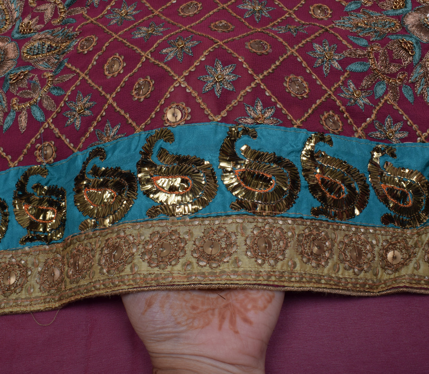 Sushila Vintage HEAVY Indian Saree Pure Georgette Silk Hand Beaded Sari Fabric
