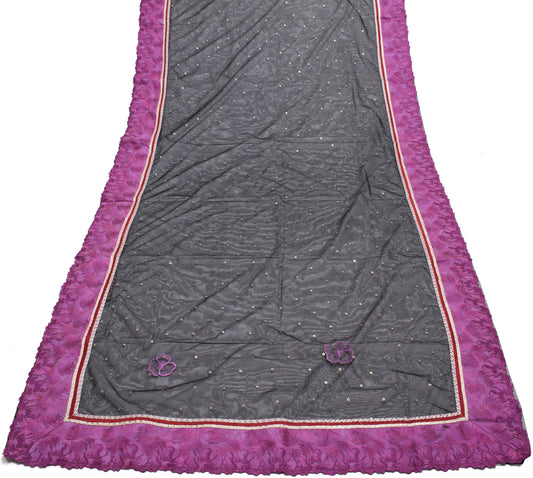Sushila Vintage Black Saree Net Mesh Embroidered Contrast Border Sari Fabric