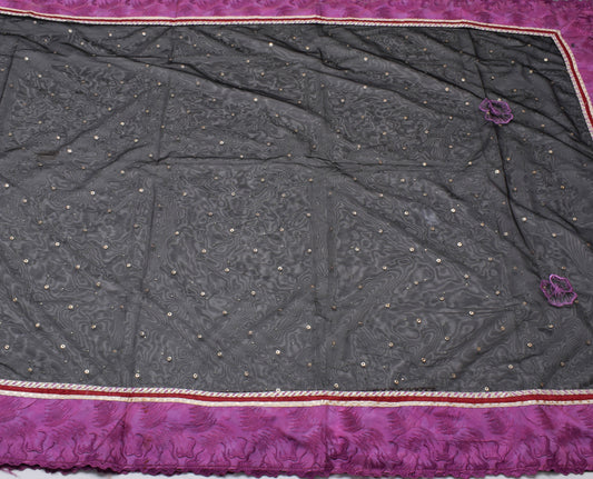 Sushila Vintage Black Saree Net Mesh Embroidered Contrast Border Sari Fabric