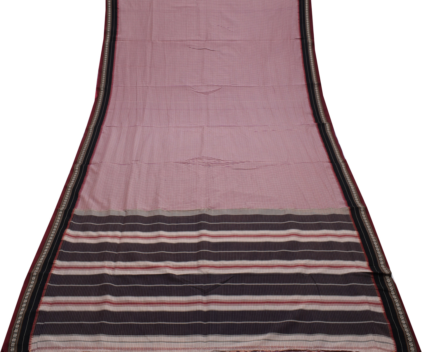 Sushila Vintage Handloom Ilkal Saree Art Cotton Cream Checks Woven Sari Craft Fabric