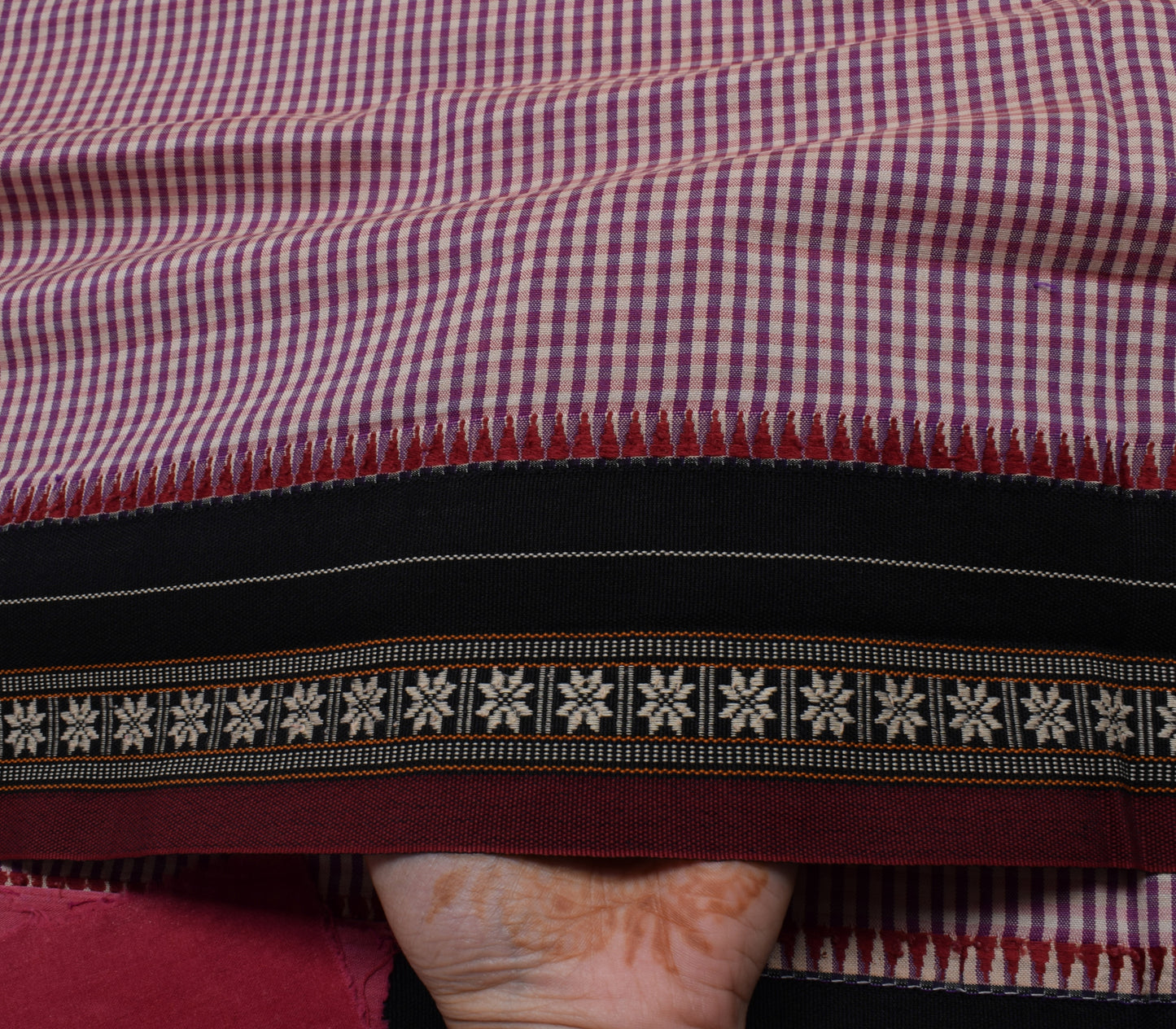 Sushila Vintage Handloom Ilkal Saree Art Cotton Cream Checks Woven Sari Craft Fabric