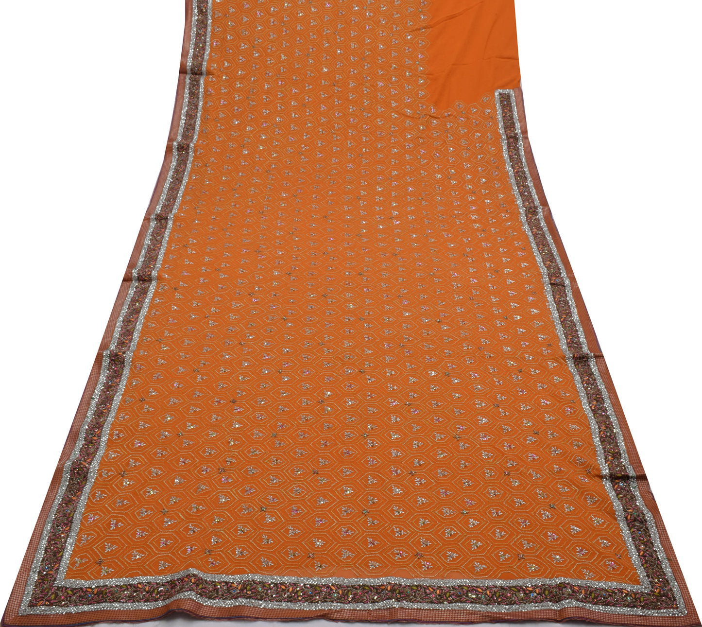 Sushila Vintage Mustard Saree Pure Georgette Silk Embroidered Floral HEAVY Sari Fabric