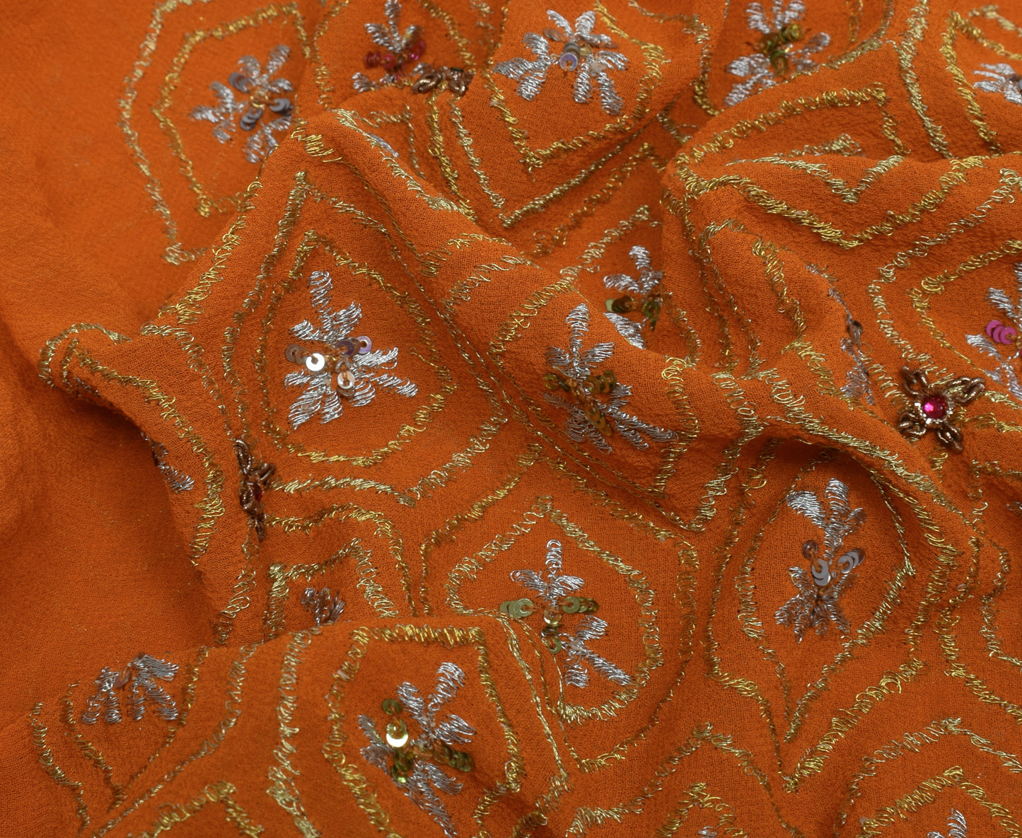 Sushila Vintage Mustard Saree Pure Georgette Silk Embroidered Floral HEAVY Sari Fabric