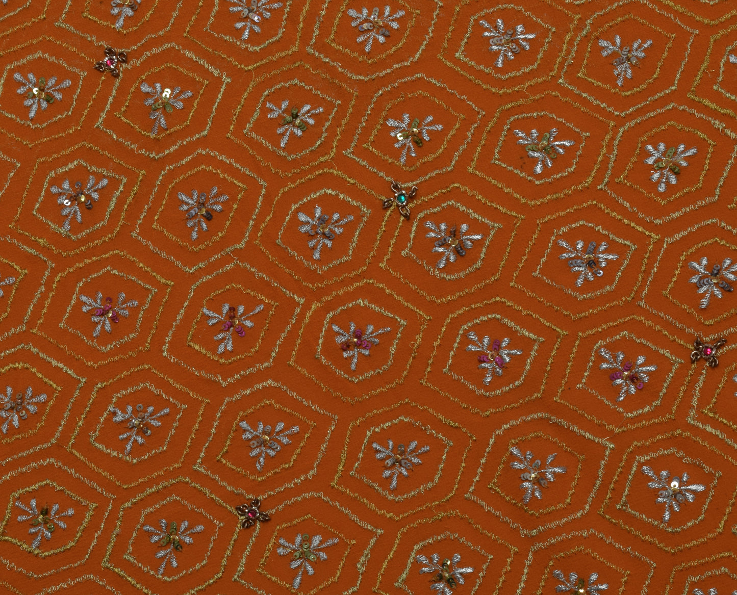Sushila Vintage Mustard Saree Pure Georgette Silk Embroidered Floral HEAVY Sari Fabric