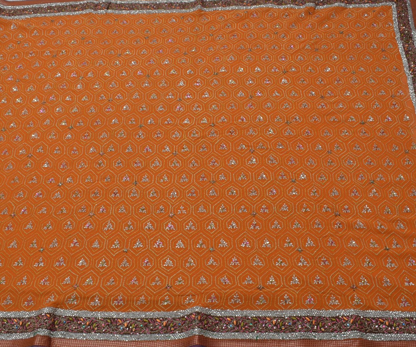 Sushila Vintage Mustard Saree Pure Georgette Silk Embroidered Floral HEAVY Sari Fabric