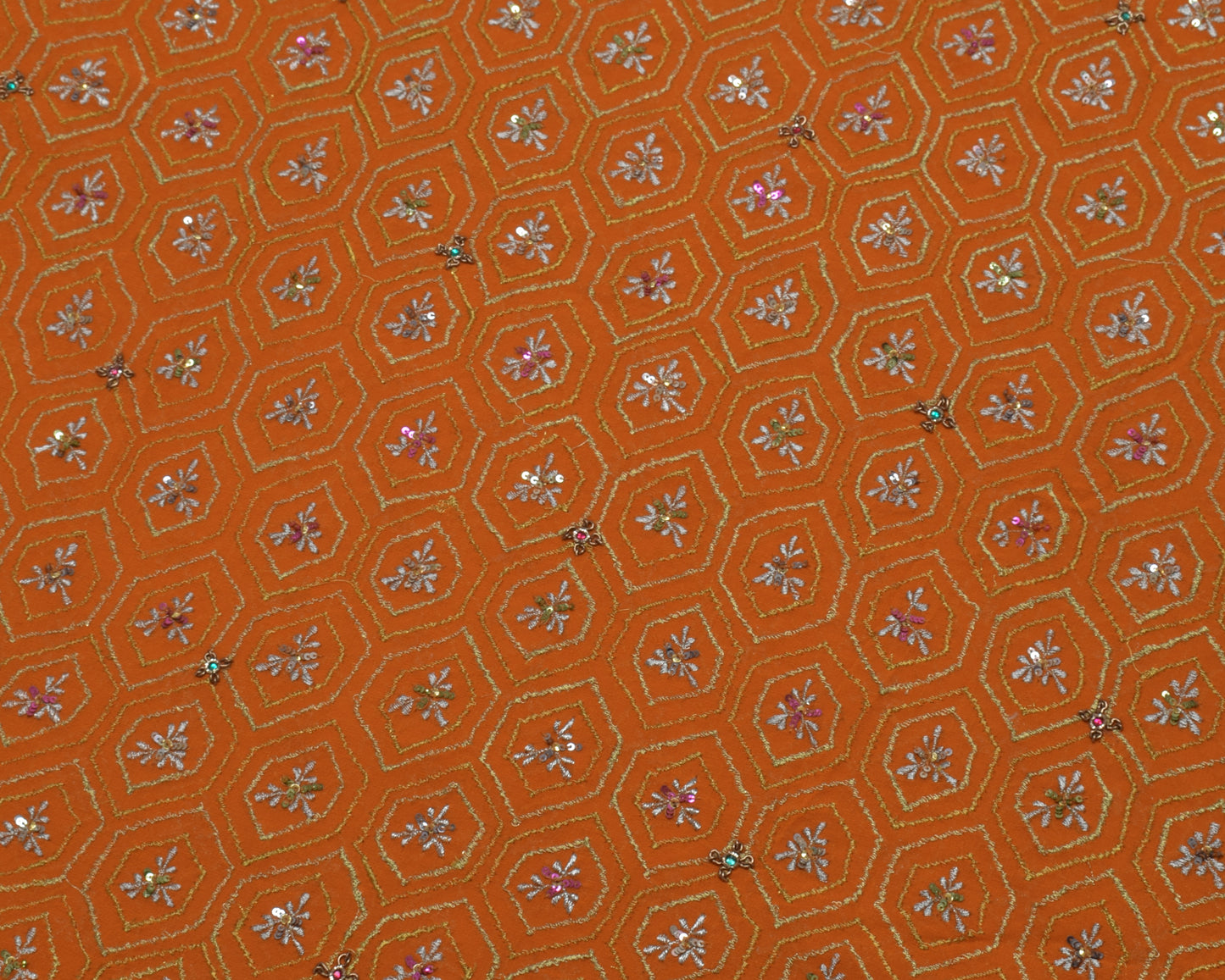 Sushila Vintage Mustard Saree Pure Georgette Silk Embroidered Floral HEAVY Sari Fabric