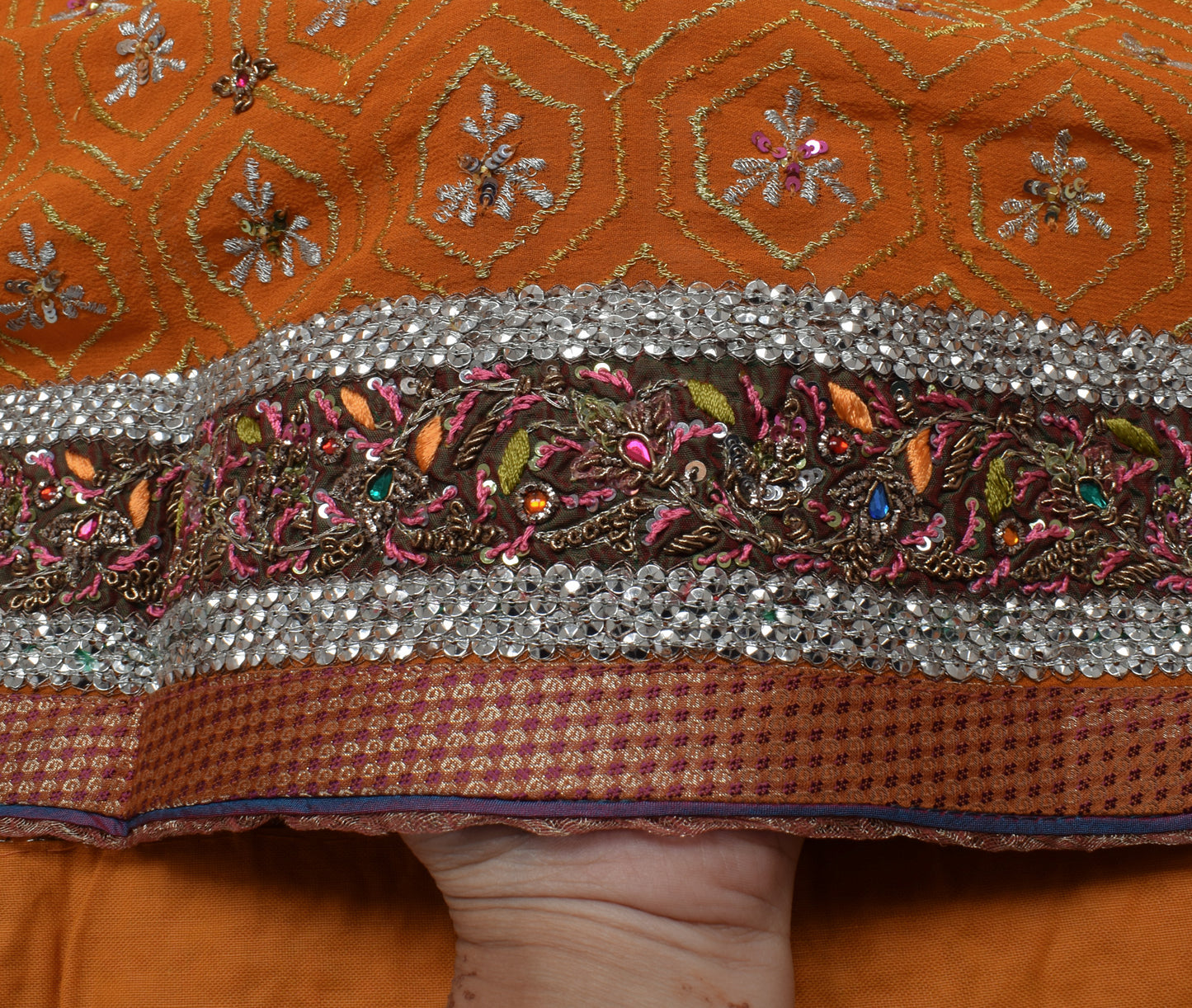 Sushila Vintage Mustard Saree Pure Georgette Silk Embroidered Floral HEAVY Sari Fabric