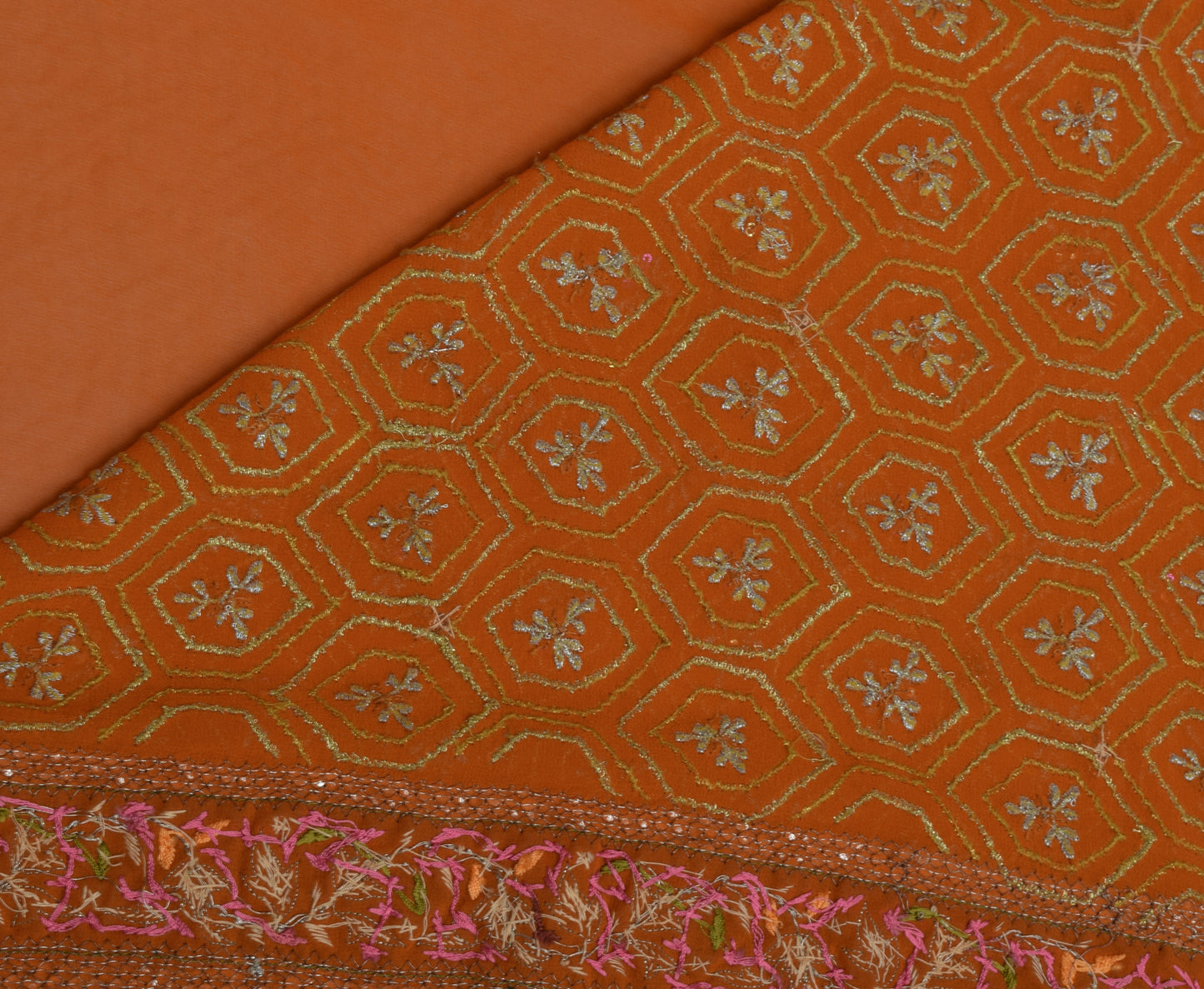 Sushila Vintage Mustard Saree Pure Georgette Silk Embroidered Floral HEAVY Sari Fabric