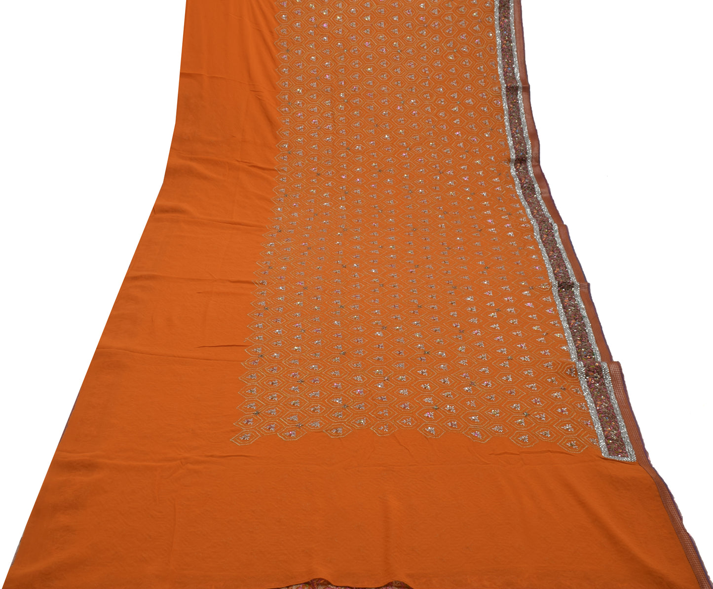 Sushila Vintage Mustard Saree Pure Georgette Silk Embroidered Floral HEAVY Sari Fabric