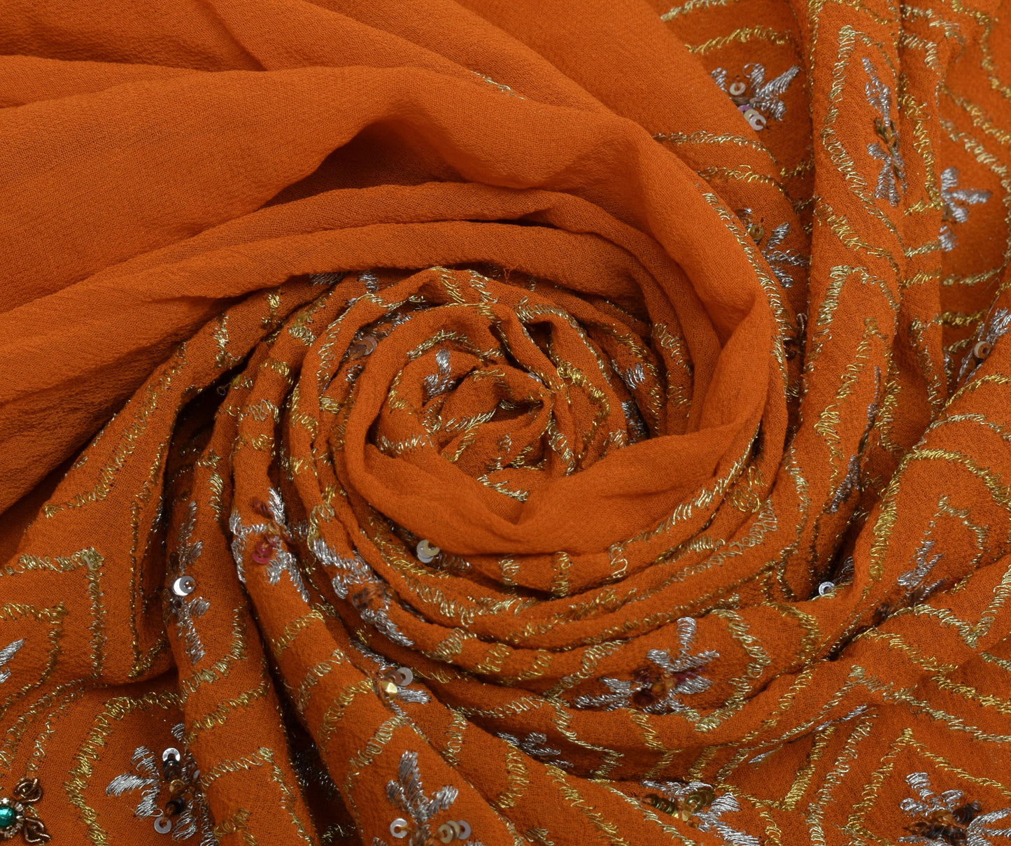 Sushila Vintage Mustard Saree Pure Georgette Silk Embroidered Floral HEAVY Sari Fabric