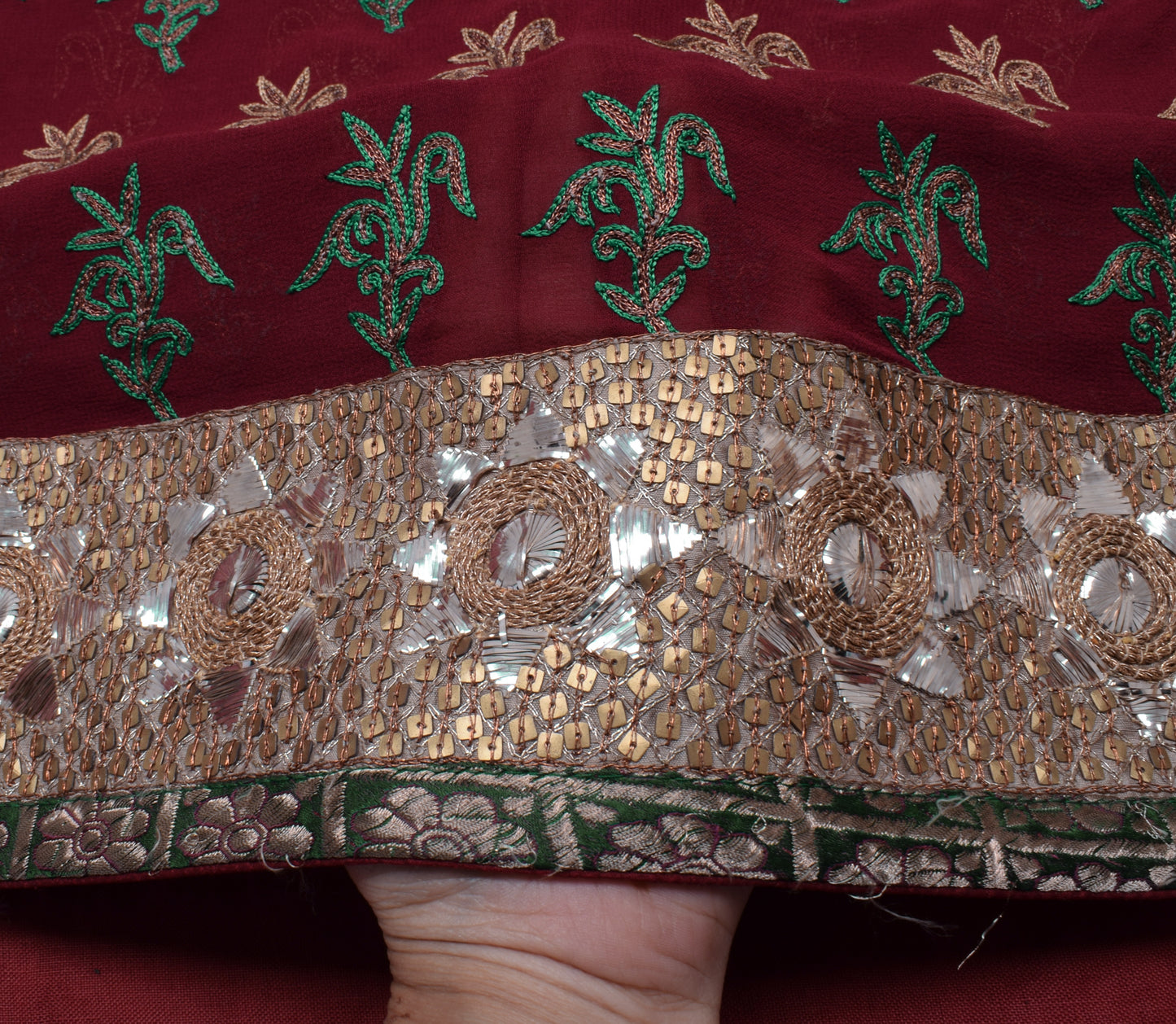 Sushila Vintage Maroon HEAVY Saree Pure Georgette Silk Embroidered Floral Sari