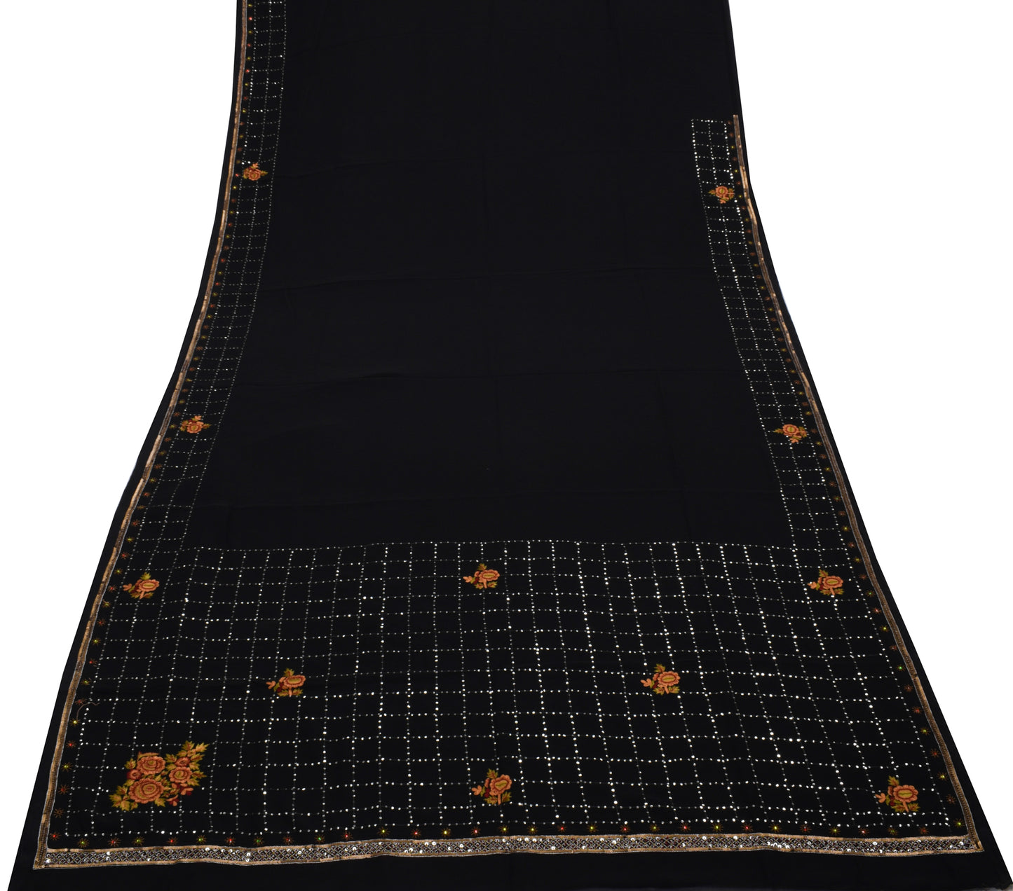 Sushila Vintage Black Saree Blend Georgette Silk Hand Beaded Floral Sari Fabric