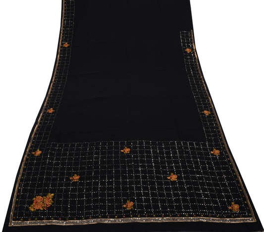 Sushila Vintage Black Saree Blend Georgette Silk Hand Beaded Floral Sari Fabric
