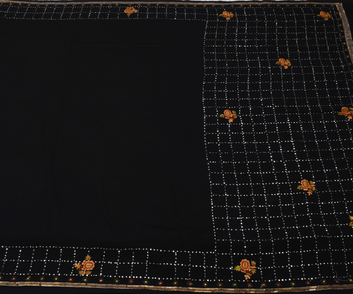 Sushila Vintage Black Saree Blend Georgette Silk Hand Beaded Floral Sari Fabric