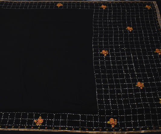 Sushila Vintage Black Saree Blend Georgette Silk Hand Beaded Floral Sari Fabric