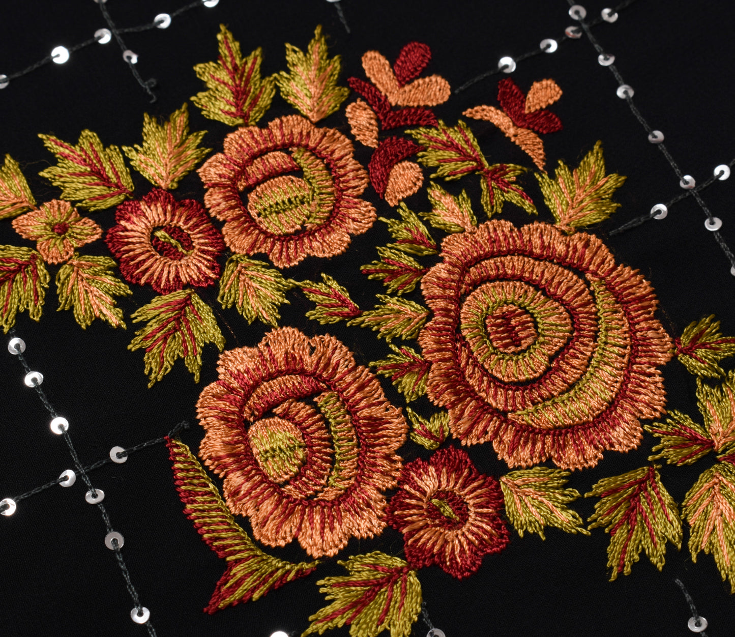 Sushila Vintage Black Saree Blend Georgette Silk Hand Beaded Floral Sari Fabric