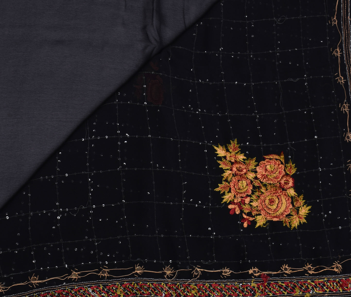 Sushila Vintage Black Saree Blend Georgette Silk Hand Beaded Floral Sari Fabric