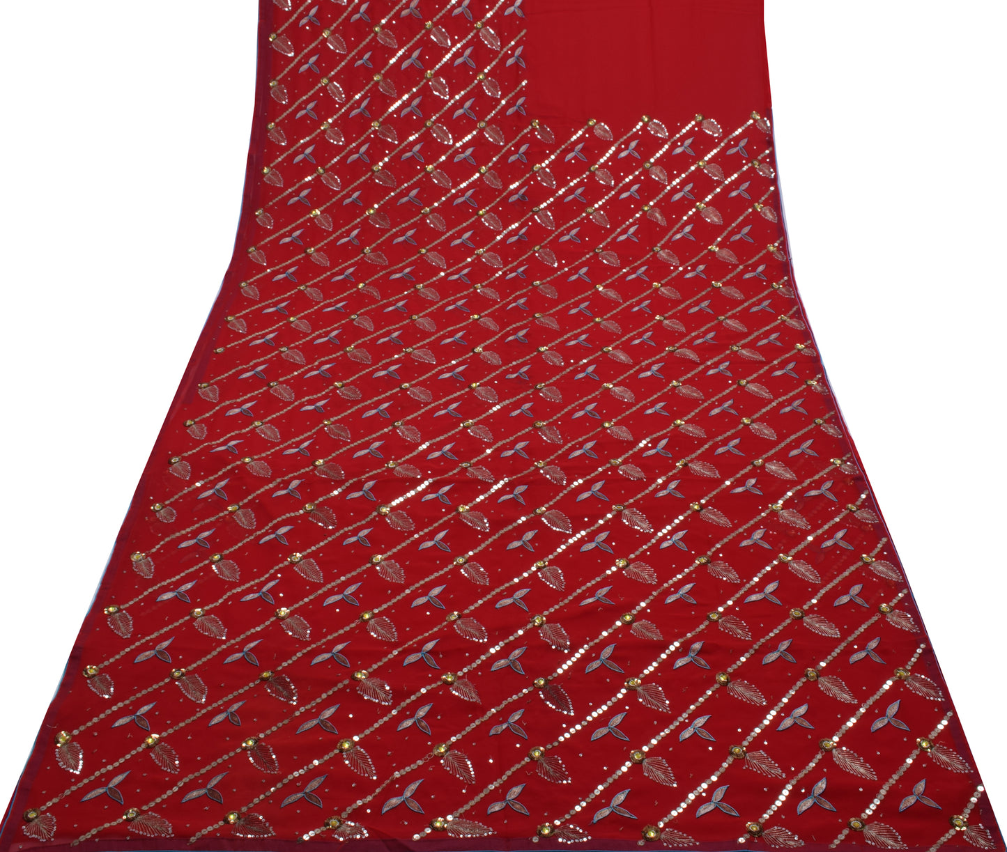 Sushila Vintage Red Saree Blend Georgette Embroidered Floral Sari Craft Fabric