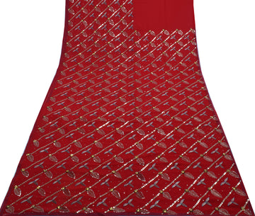 Sushila Vintage Red Saree Blend Georgette Embroidered Floral Sari Craft Fabric