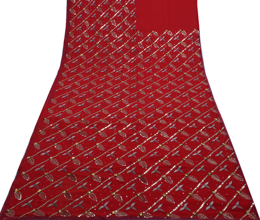 Sushila Vintage Red Saree Blend Georgette Embroidered Floral Sari Craft Fabric