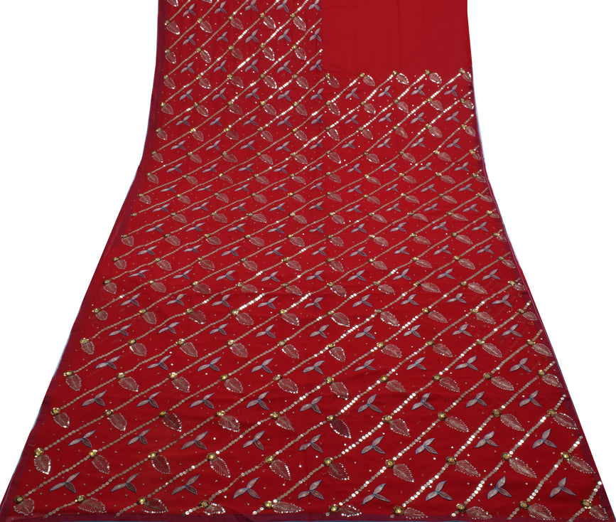 Sushila Vintage Red Saree Blend Georgette Embroidered Floral Sari Craft Fabric