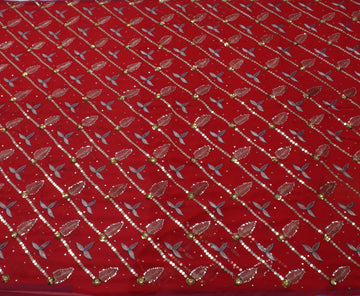 Sushila Vintage Red Saree Blend Georgette Embroidered Floral Sari Craft Fabric