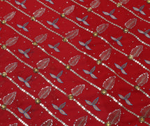 Sushila Vintage Red Saree Blend Georgette Embroidered Floral Sari Craft Fabric