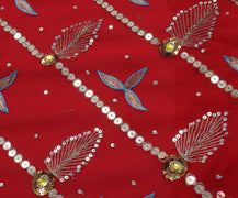 Sushila Vintage Red Saree Blend Georgette Embroidered Floral Sari Craft Fabric