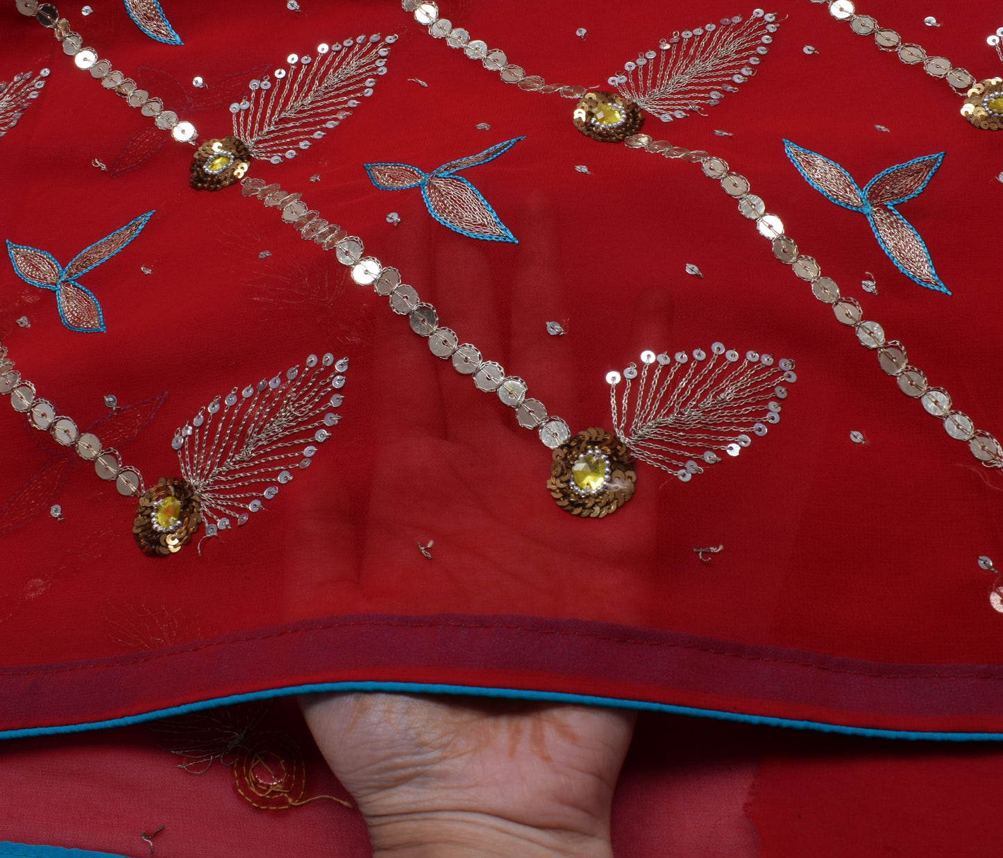 Sushila Vintage Red Saree Blend Georgette Embroidered Floral Sari Craft Fabric