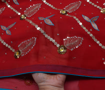 Sushila Vintage Red Saree Blend Georgette Embroidered Floral Sari Craft Fabric